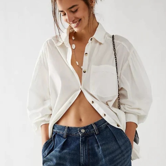 Free People Happy Hour Solid Poplin Top in white - Picture 1 of 5